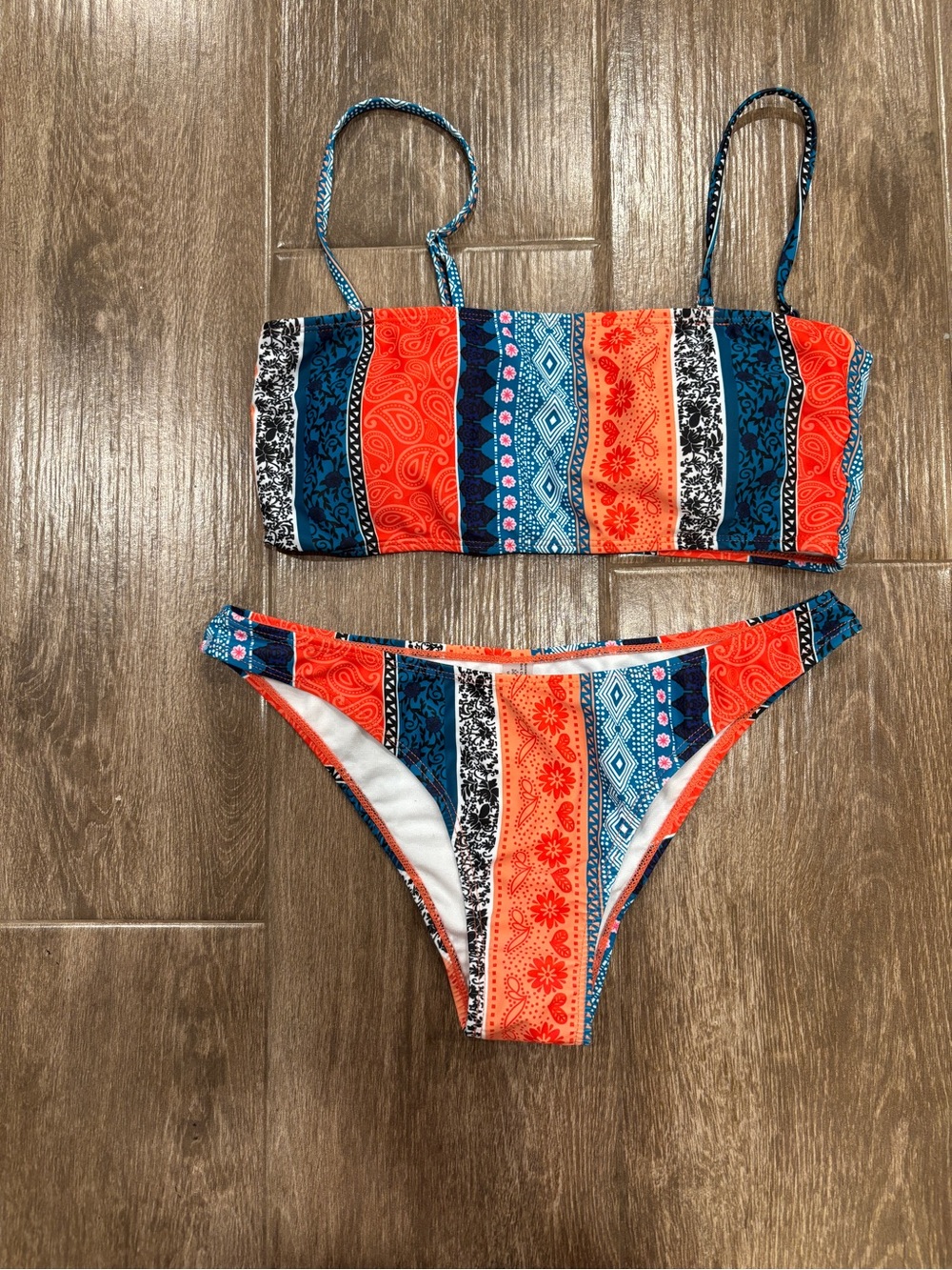 Women’s Orange and Blue Striped Two-Piece Swim Bikini Bandeau Top Size M